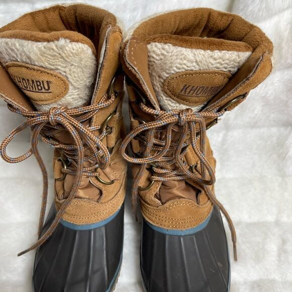 KHOMBU leather brown suede &navy blue rubber duck boots beige knit accent SZ7M - Picture 6 of 9